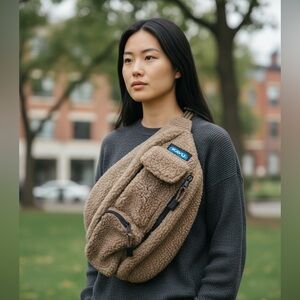 KAVU Fleece Rope Sling Bag Brown Sherpa Crossbody Backpack Outdoor Travel